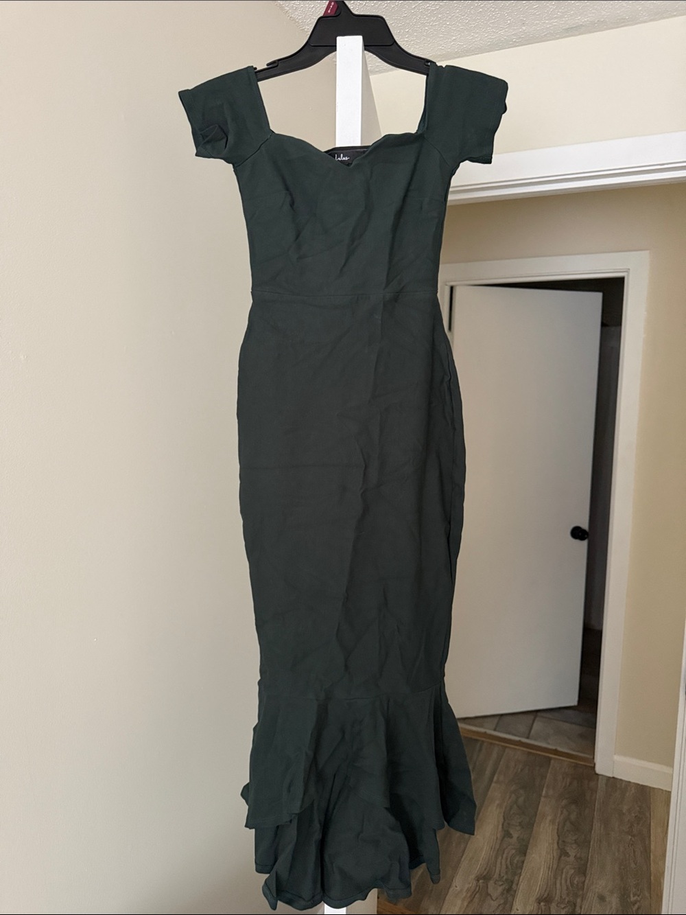 Lulus Off-Shoulder Dark Green Maxi Dress with Ruffle Hem